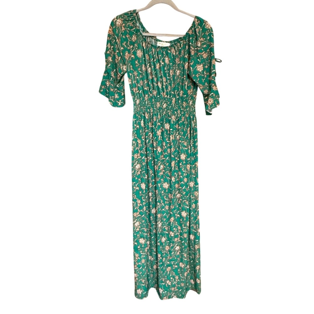 Seven Islands Maxi Dress Floral Smocked Boho L Green Excellent‎ Bedazzled